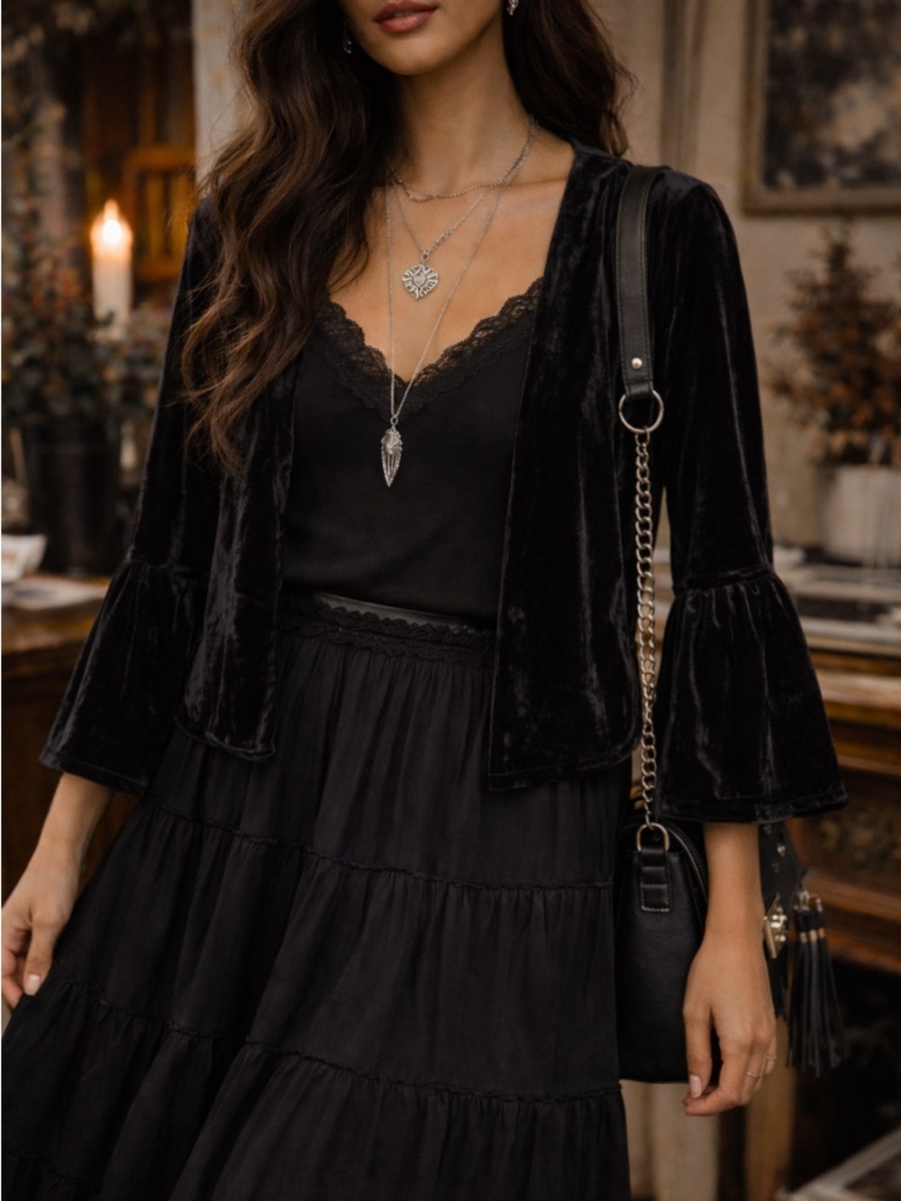 AMARYLLIS Black Velvet Ruffle Bell Sleeve Top Sz Sm Whimsigoth Witch Fairy Magic